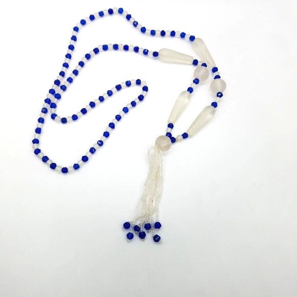 Vintage Glass Bead Tassel Necklace 31" Long Blue Clear Beads For Elegant Style - Picture 7 of 11